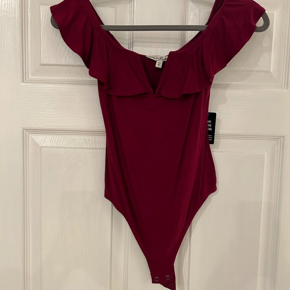 Express One Eleven Red Bodysuit Off the Shoulder Flounce S NWT